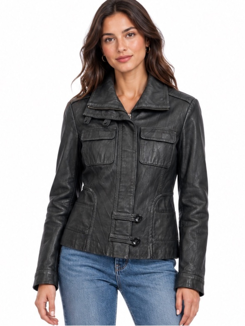 Danier Black Leather Utility Jacket S Zip Front Flap Pockets Tailored Moto